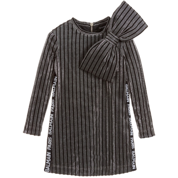 Balmain Girls Black Silver Metallic Bow Logo Dress – Petit New York