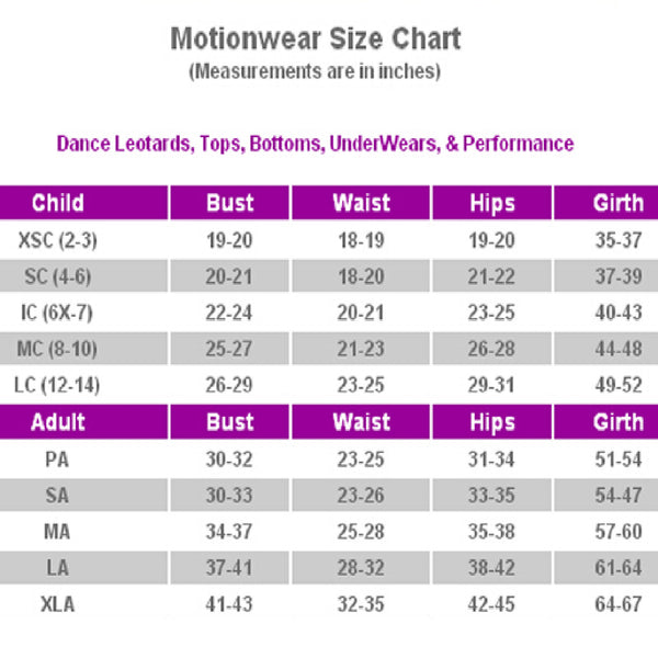 Motionwear Leotard Size Chart