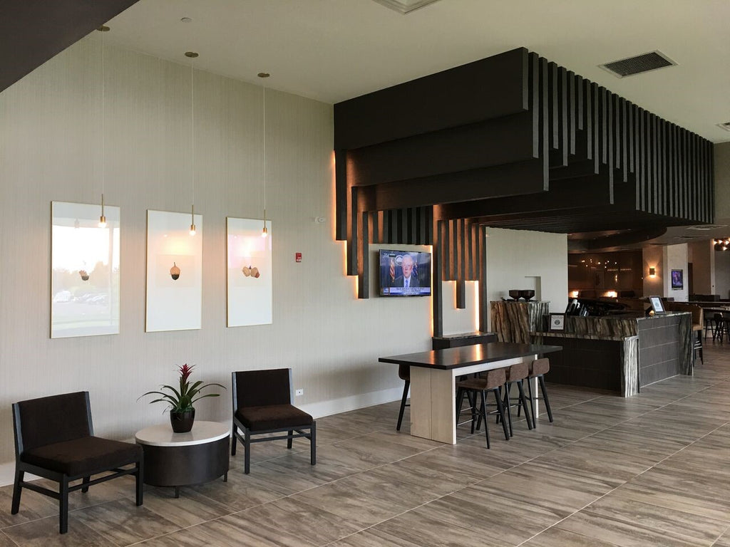 Custom Faux Wood Panels Disguise Soffits In Modern Hotel