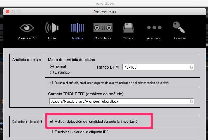 Activar detección de tonalidad en rekordbox