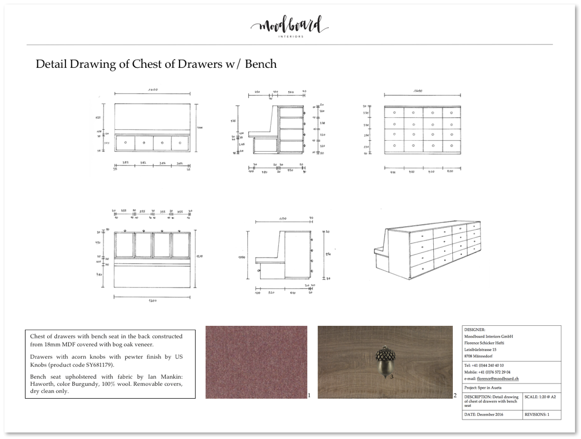 Swiss mountain chalet interior design detail drawing plan of chest of drawers Detailplan für massgeschneiderte Kommode