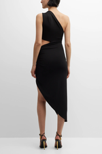 Elliptical Cutout Thigh-Slit One-Shoulder Midi Dress In Black