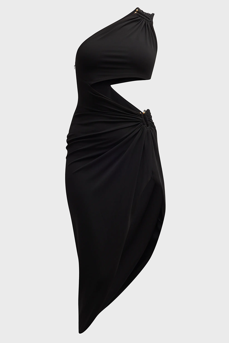 Elliptical Cutout Thigh-Slit One-Shoulder Midi Dress In Black