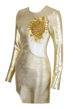 Gold Foil Print Long Sleeve Mesh Beaded Dress