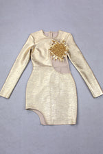 Gold Foil Print Long Sleeve Mesh Beaded Dress