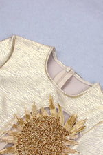 Gold Foil Print Long Sleeve Mesh Beaded Dress