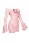 Rose Appliqued Ruched Jersey Mini Dress In Pink