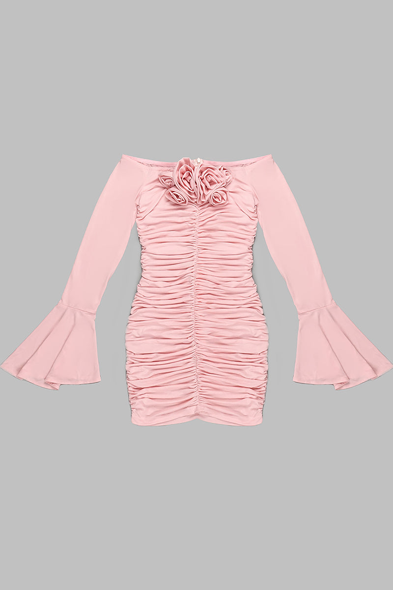 Rose Appliqued Ruched Jersey Mini Dress In Pink