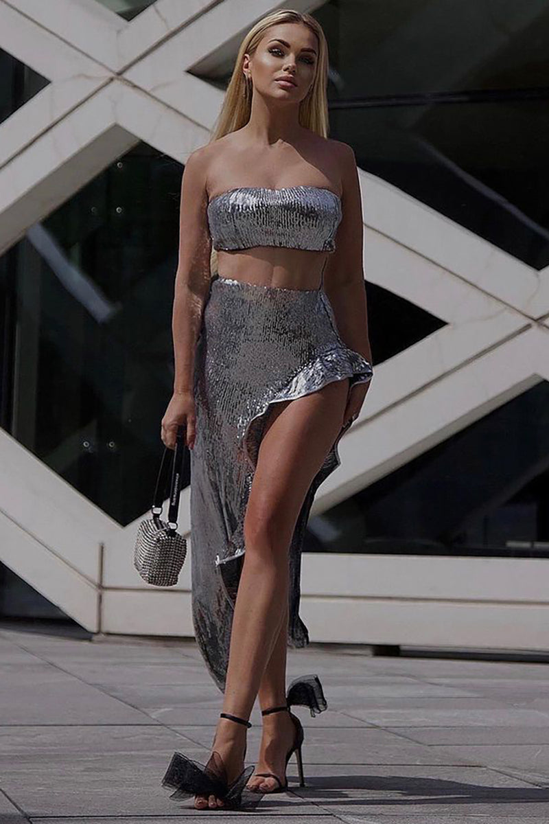 Sequined Bandeau Bustier Sequined Long Skirt In Silver