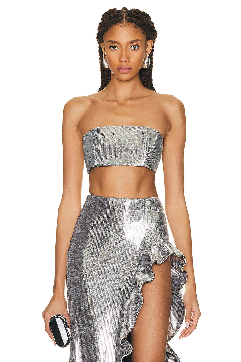 Sequined Bandeau Bustier Sequined Long Skirt In Silver