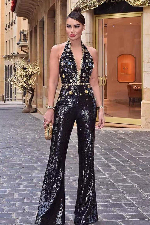 Black V Neck Gorgeous Sequins Beaded Splits Jumpsuit