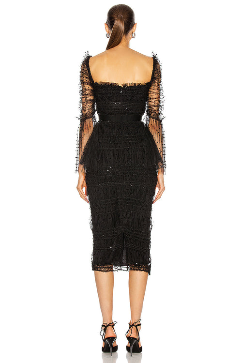 Black Sequin Dot Mesh Midi Dress