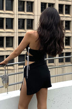 Black Strapless Hollow Out Crystal Tassels Mini Dress