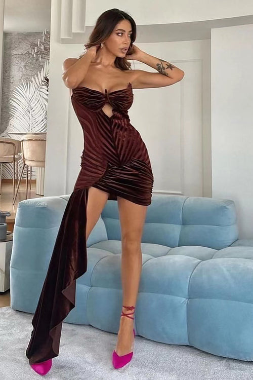 Velvet High Split Strapless Asymmetrical Gown in Brown Burgundy