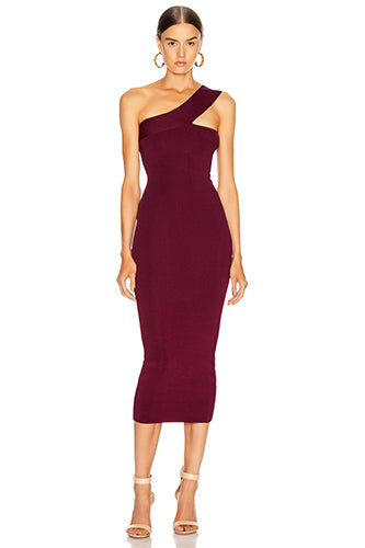 Burgundy One-Shoulder Midi Bandage Dress - fashionfraeulein