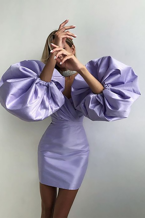 Off The Shoulder Puff Sleeve Draped Mini Dress In Pink Light Purple - fashionfraeulein