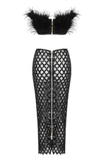 Luxury Strapless Feathered Top And Sheer Sequins Midi Skirt In Black White