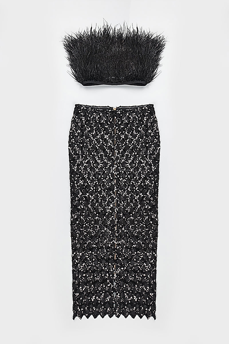 Luxury Strapless Feathered Top And Sheer Sequins Midi Skirt In Black White