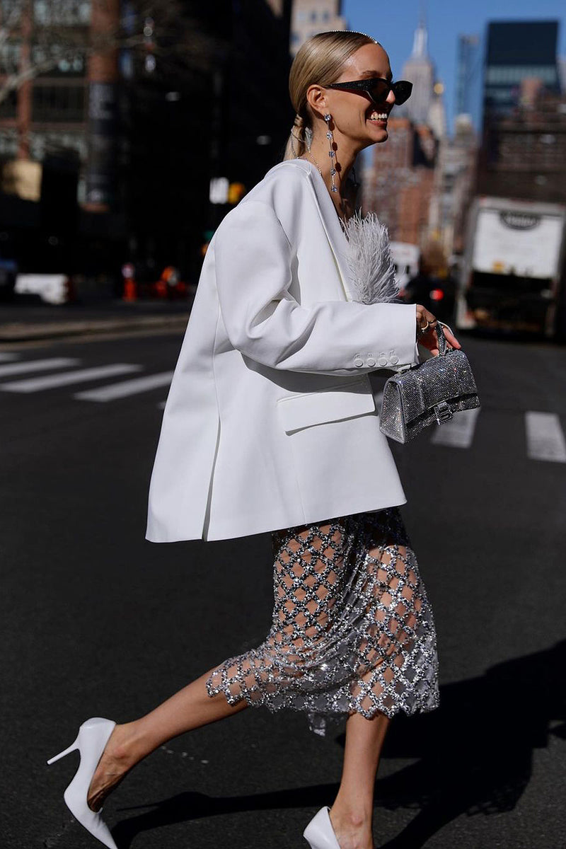 Luxury Strapless Feathered Top And Sheer Sequins Midi Skirt In Black White