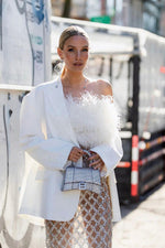 Luxury Strapless Feathered Top And Sheer Sequins Midi Skirt In Black White