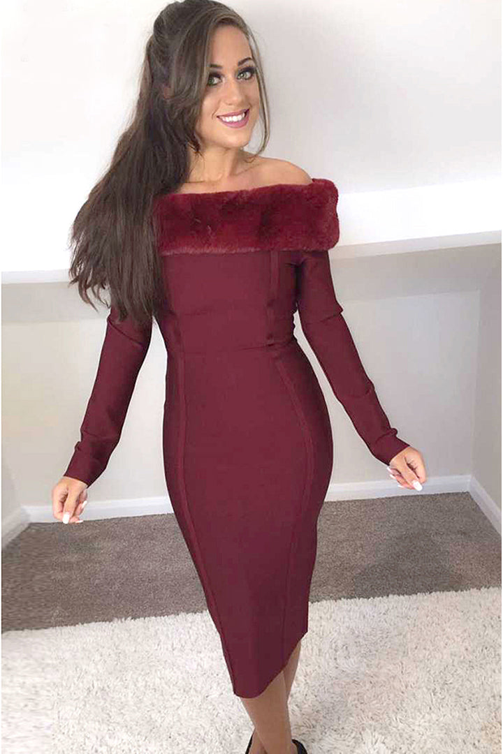 Off-shoulder Fur Trim Long Sleeve Bandage Dress - fashionfraeulein