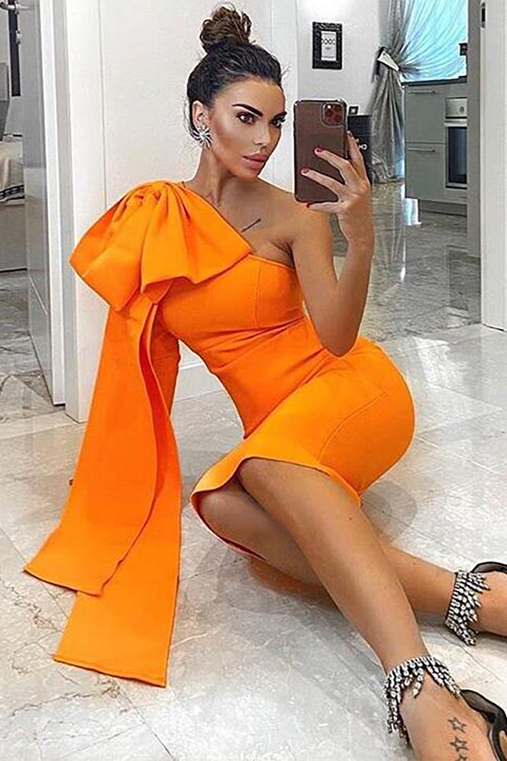 Orange One Shoulder Long Sleeve Bandage Dress - fashionfraeulein