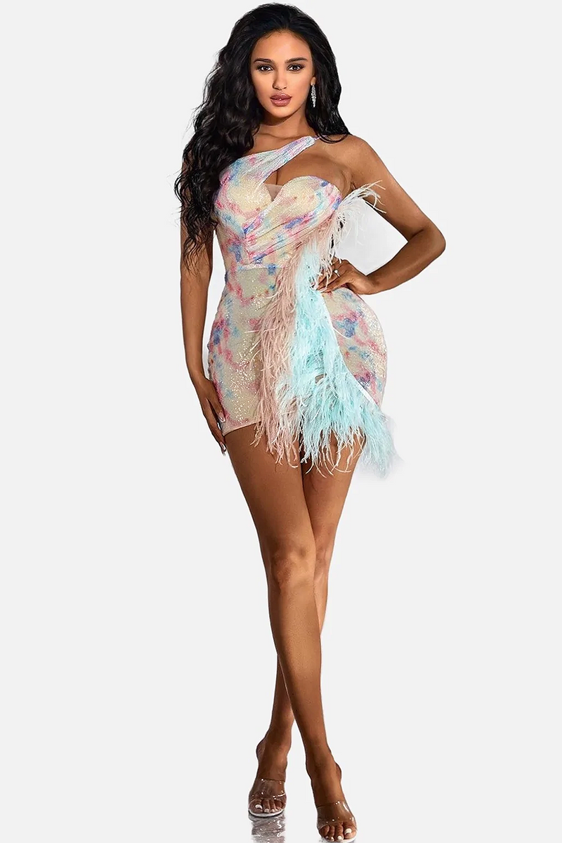 One shoulder Rainbow Sequin Feather Mini Dress