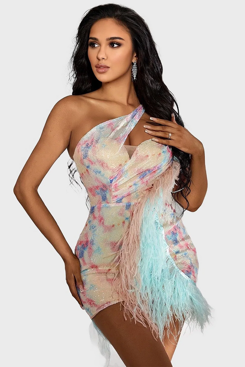 One shoulder Rainbow Sequin Feather Mini Dress