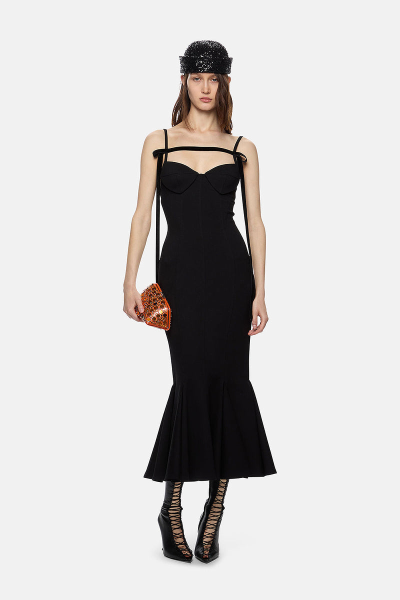 Open Embellished Stretch Bandage Midi Dress In Black