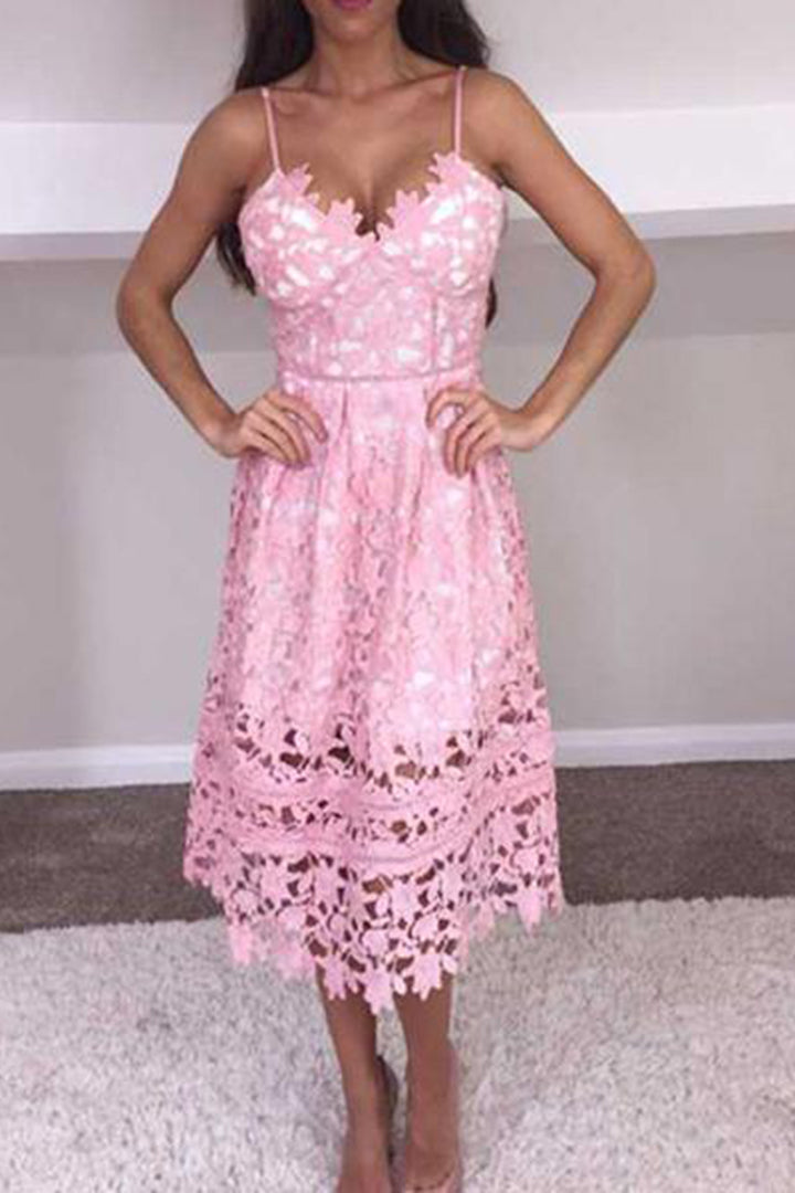 Pink Lace Spaghetti Strap Midi Pattern Fashion Dress - fashionfraeulein