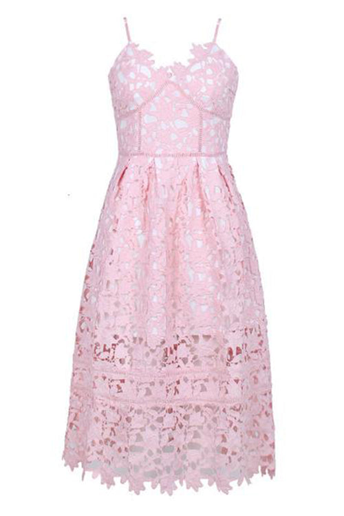 Pink Lace Spaghetti Strap Midi Pattern Fashion Dress - fashionfraeulein