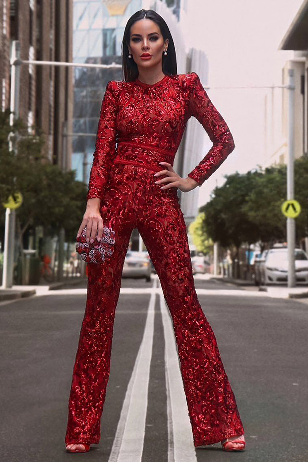 High-End Retro Red Long-Sleeved High-Waist Sequined Boots Jumpsuit - fashionfraeulein