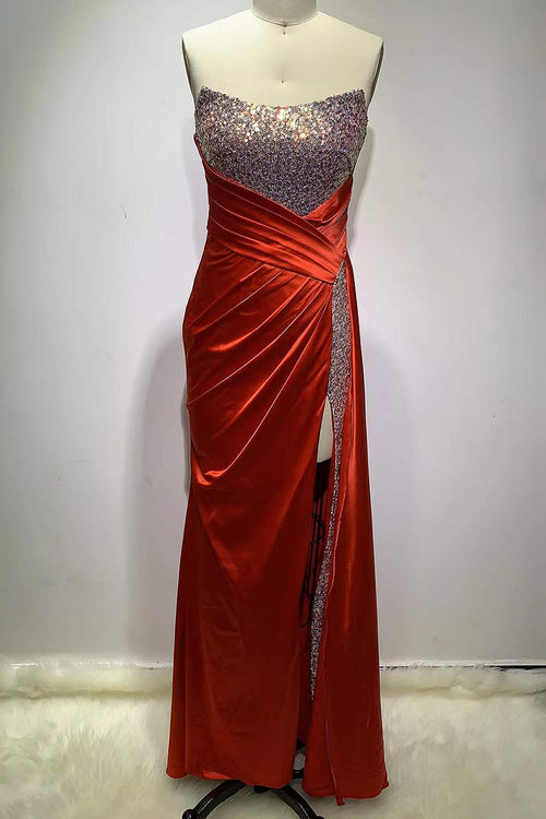 Red Sleeveless Sequin Split Gown