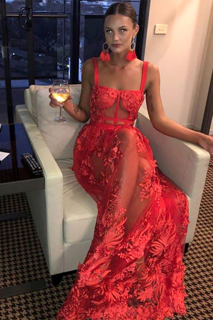 Red Hollow Out Lace Spaghetti Strap Maxi Bandage Dress - fashionfraeulein