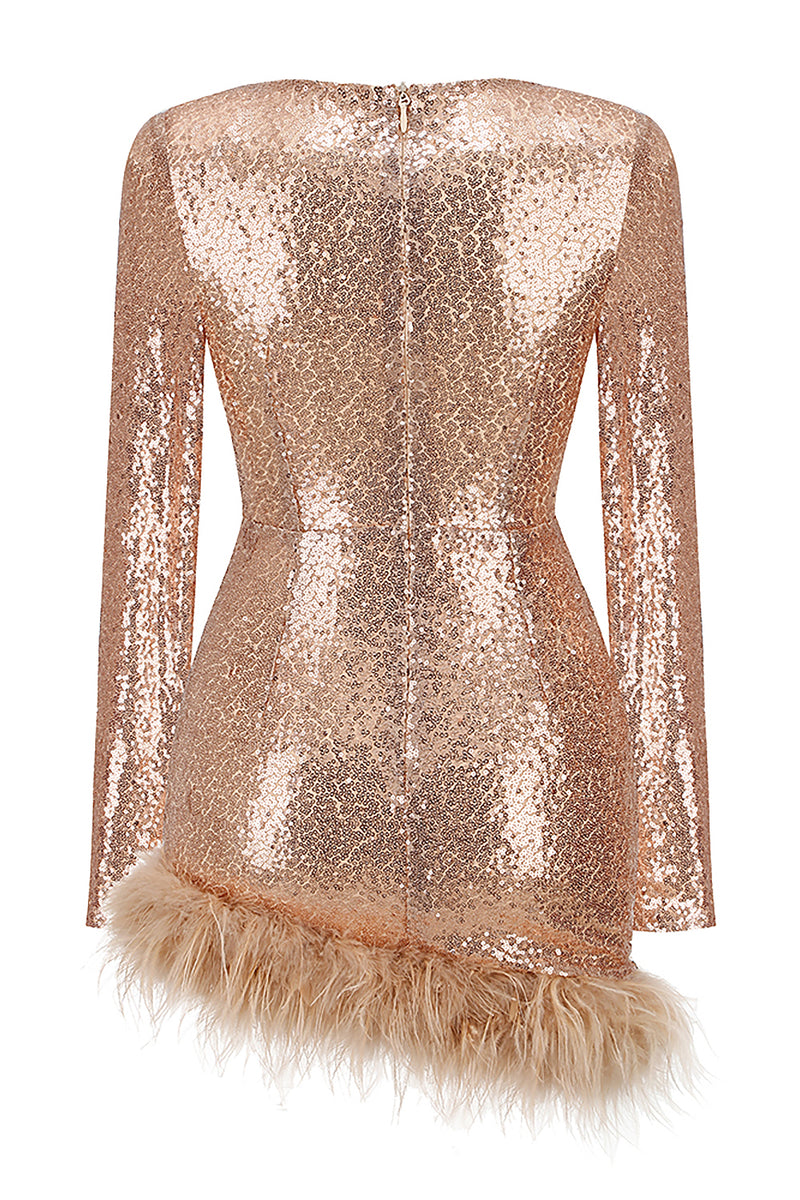 Sequins Feather-trim Long sleeves Mini Dress In Pink Rose Gold