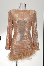 Sequins Feather-trim Long sleeves Mini Dress In Pink Rose Gold