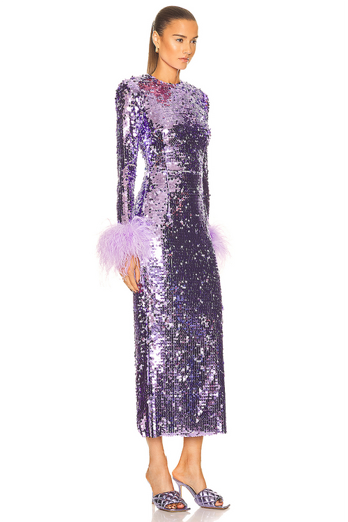 Sequins Long sleeves Feather-trim Midi Dress Purple