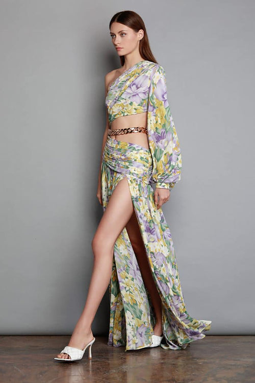 Slanted One Shoulder Floral Irregular Cut Out Maxi Dress