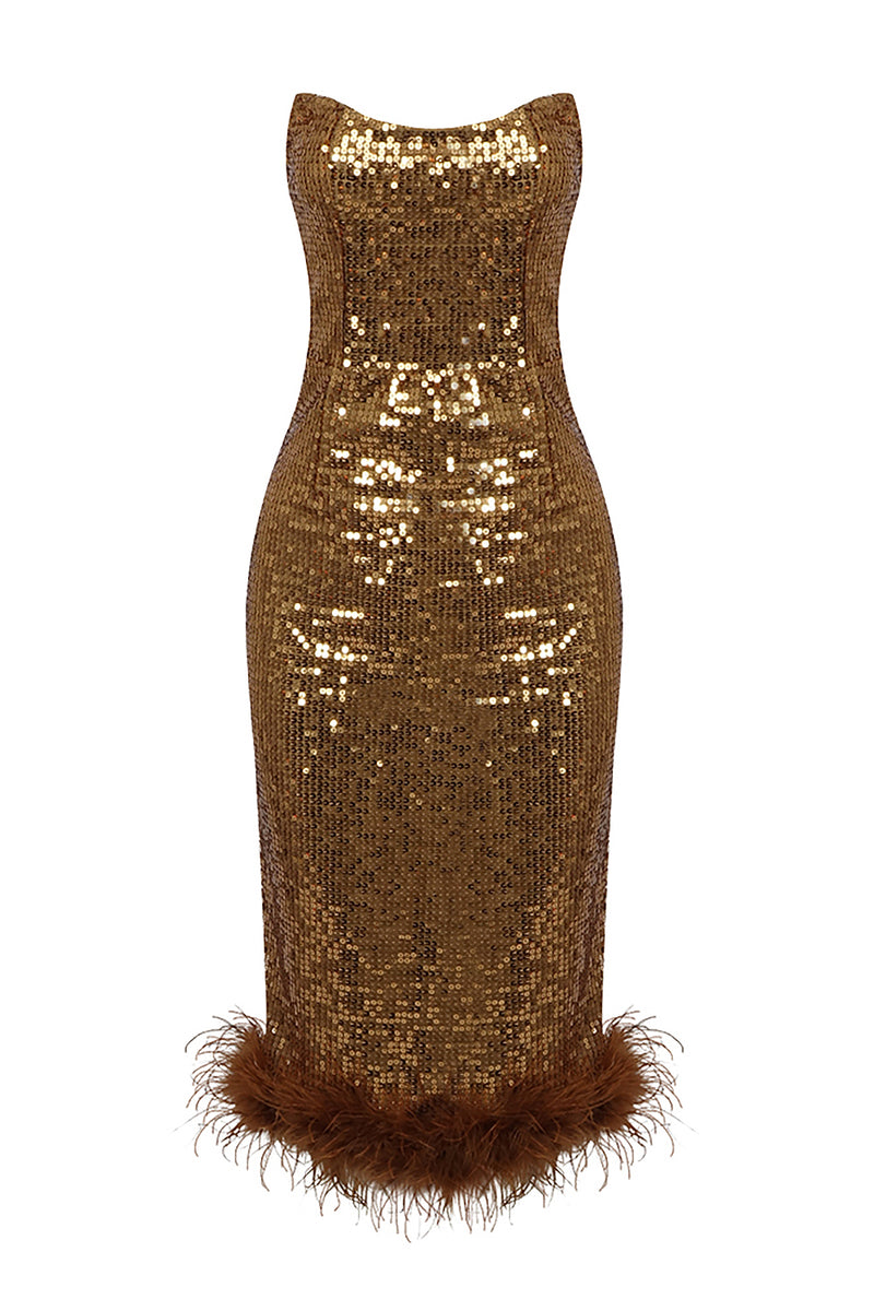 Strapless Silver Sequin Feather Bodycon Midi Dress