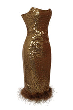 Strapless Silver Sequin Feather Bodycon Midi Dress