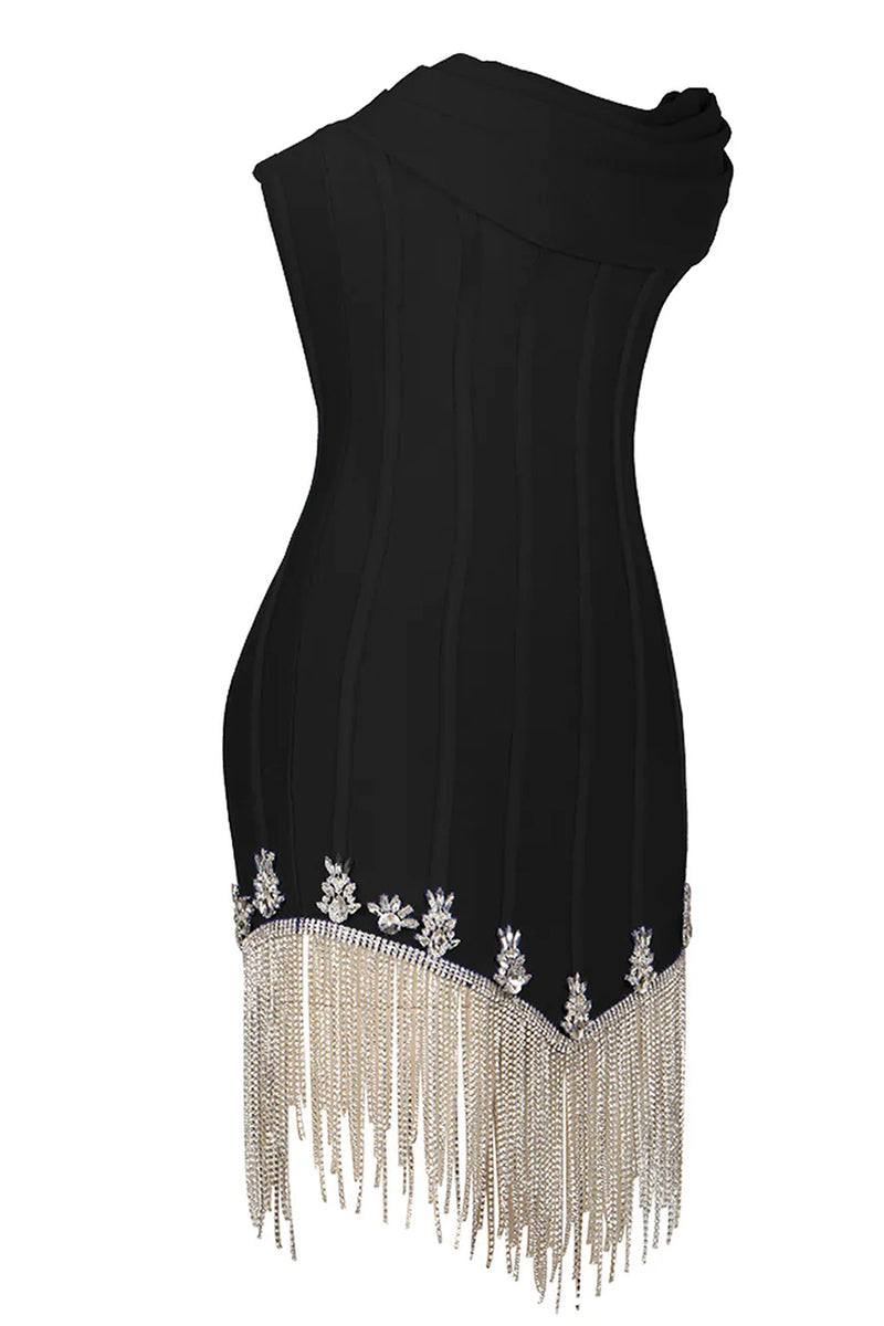 Strapless Striped Crystal Trim Fringe Mini Bandage Dress