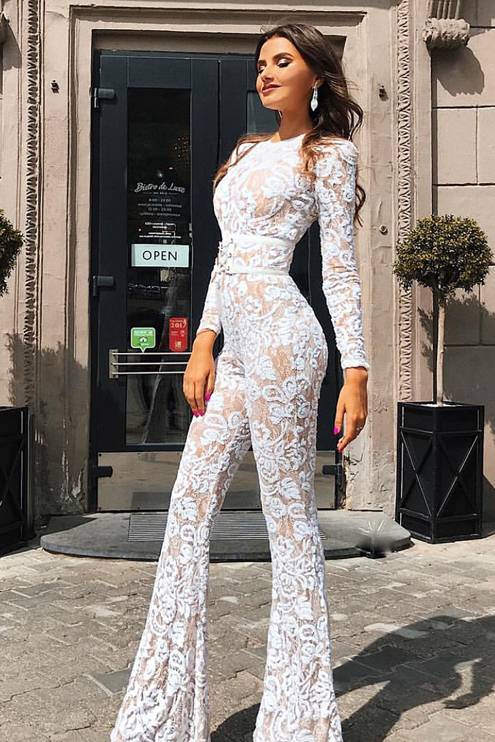 High-End Retro White Long-Sleeved High-Waist Sequined Boots Jumpsuit - fashionfraeulein