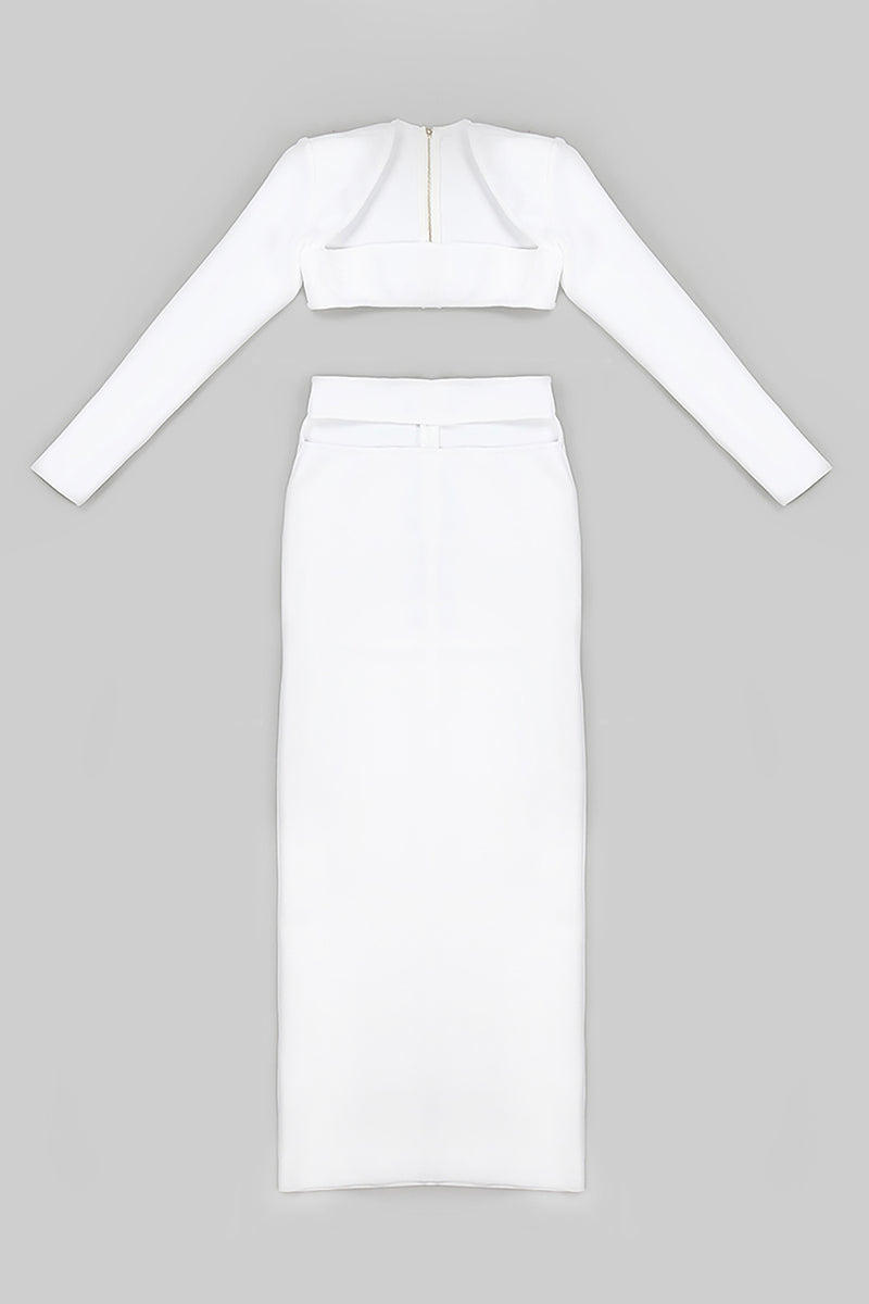 White Long Sleeve Cropped Navel Short Top High Waist Long Skirts