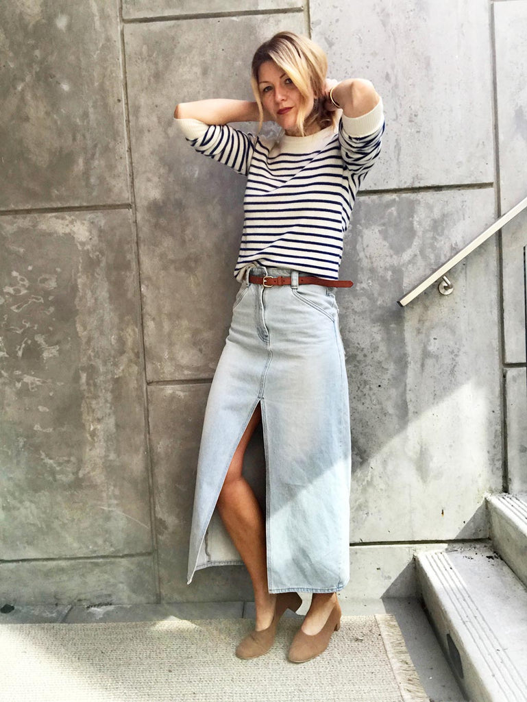 Michelle Addison styling the Petite Pump in camel with a denim skirt.