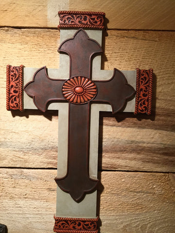 Western Leather Tooled & Concrete Textured Wall Cross