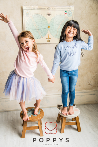 Poppys Collection exclusive design Lingua Franca cashmere sweater for kids "The future is female" and "I've got this!"