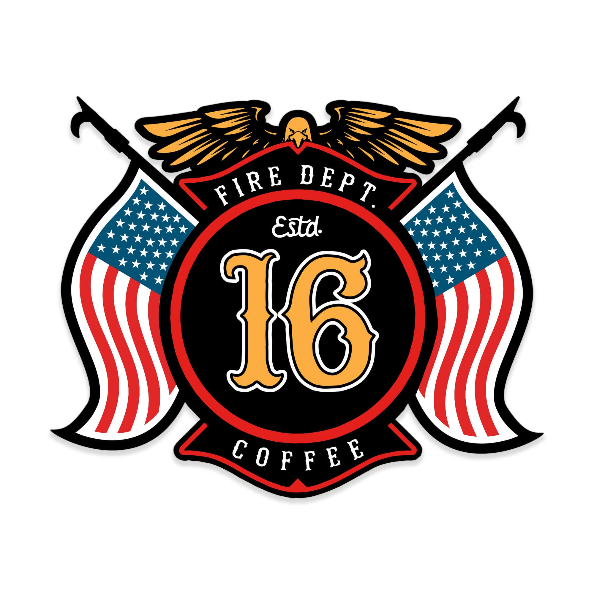 Sticker with maltese cross symbol with the american flag on each side, held by pike poles. Eagle symbol sits at the top and inside the cross says "Fire Dept. Coffee established 16"