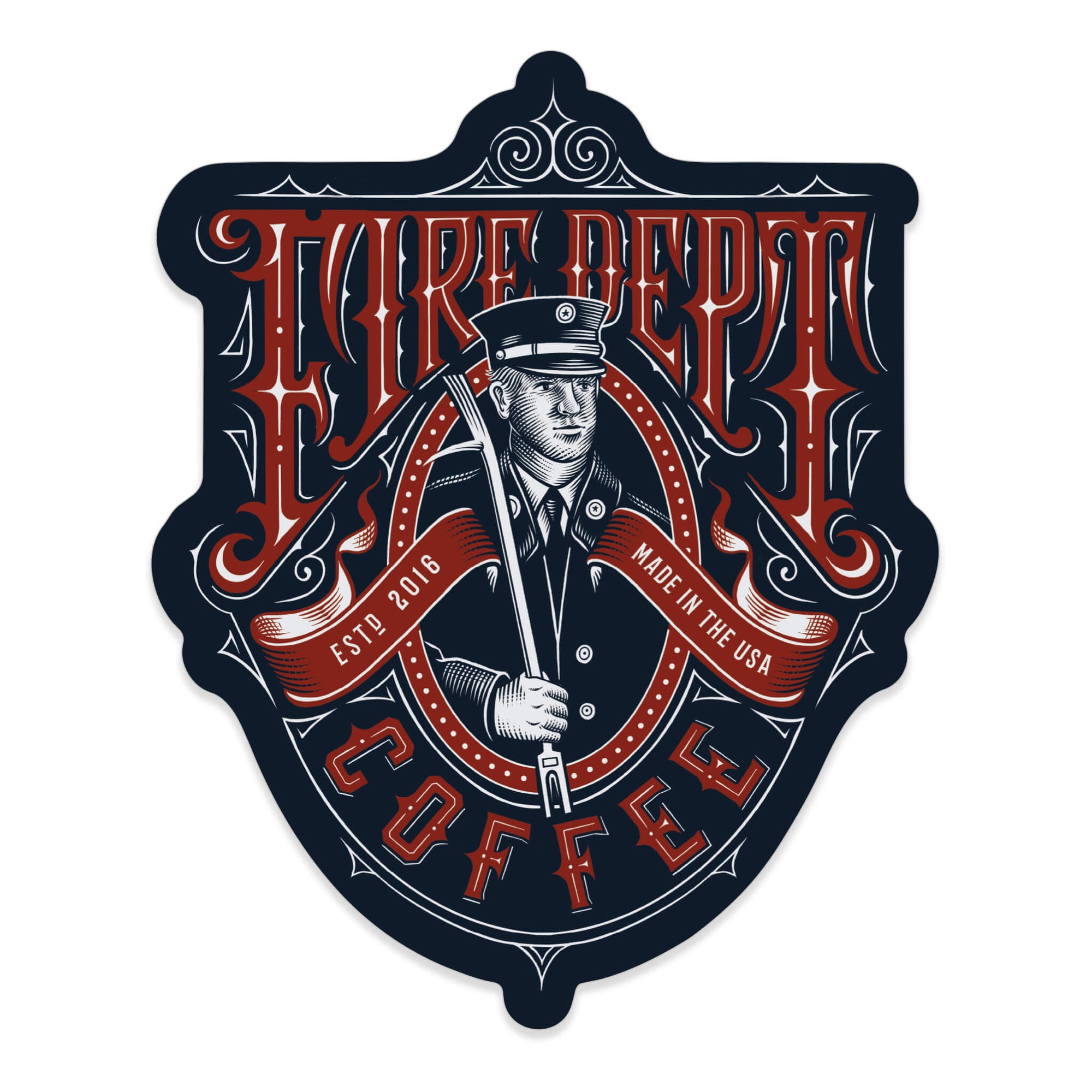 Sticker with a vintage design of a firefighter with text that reads "Fire Dept Coffee ESTD 2016 Made in the USA"