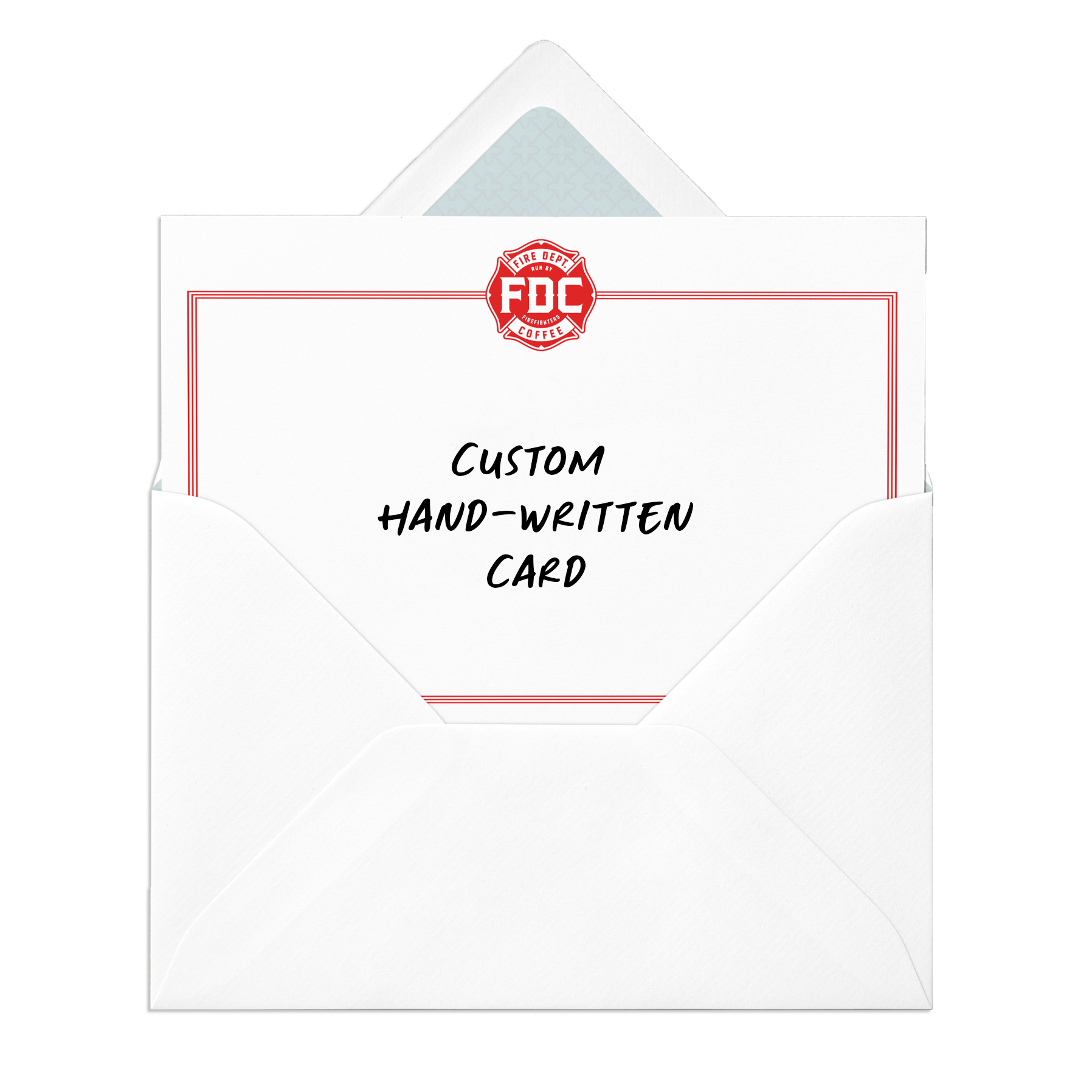 An envelope containing a custom hand-written card from FDC.