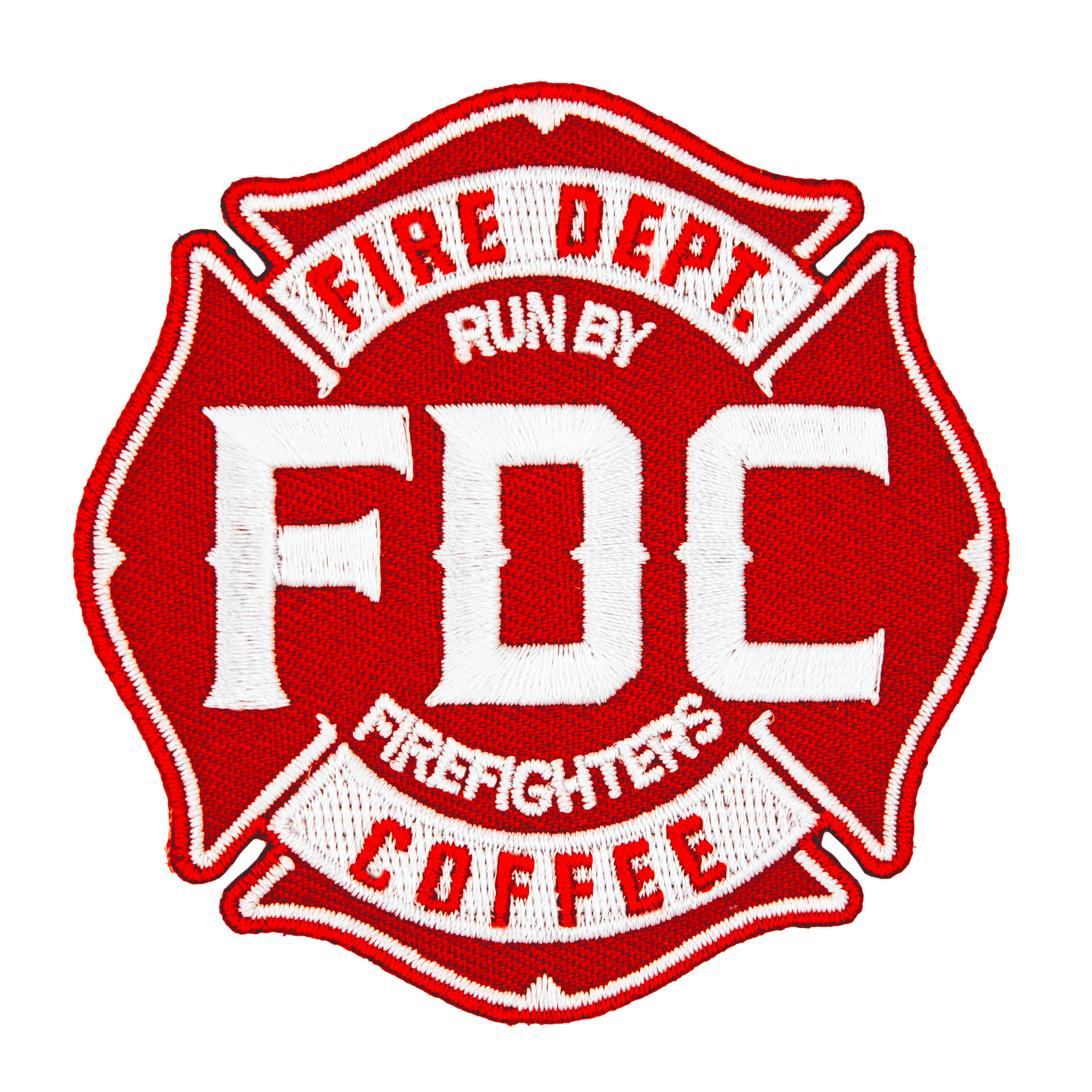 A red Fire Department Coffee patch.